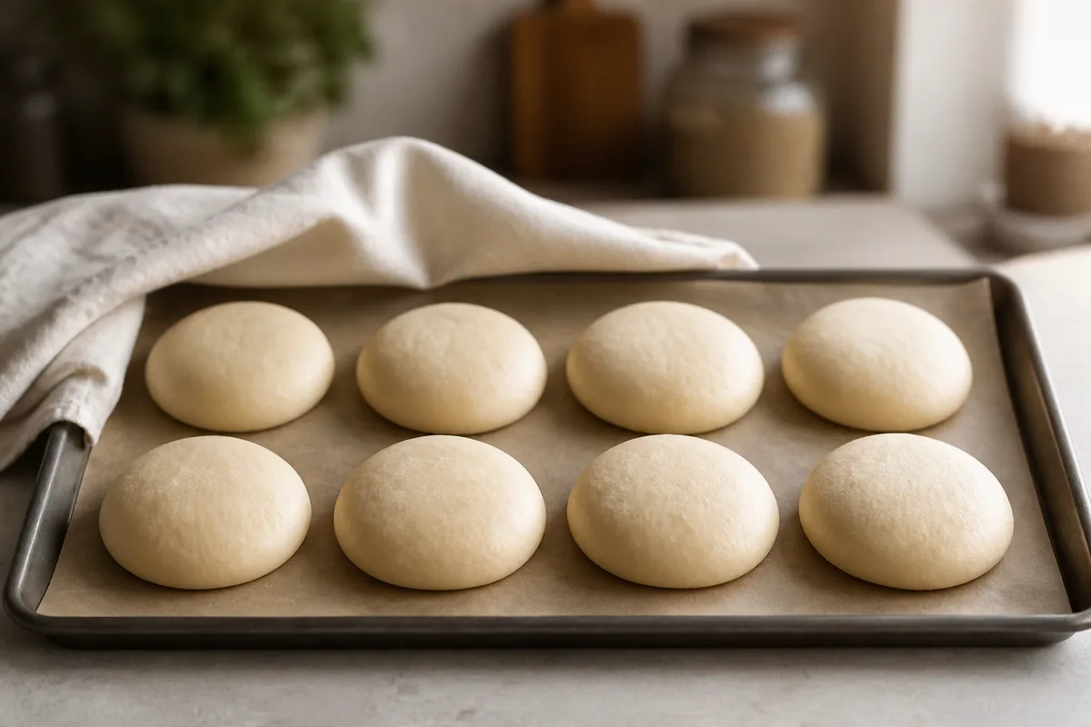 Pâtons de pain burger façonnés en boules régulières sur une plaque, en cours de seconde pousse sous un linge