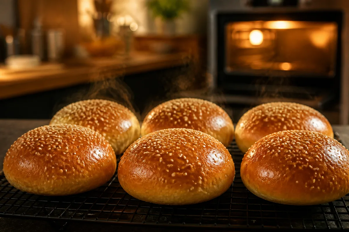 Buns dorés au sésame refroidissant sur une grille métallique au sortir du four