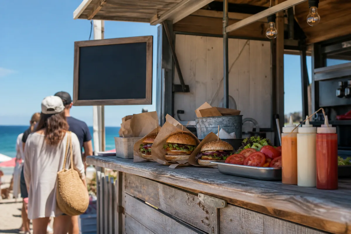 Vue d&rsquo;un comptoir de restauration rapide en bord de mer avec ardoise et file d&rsquo;attente
