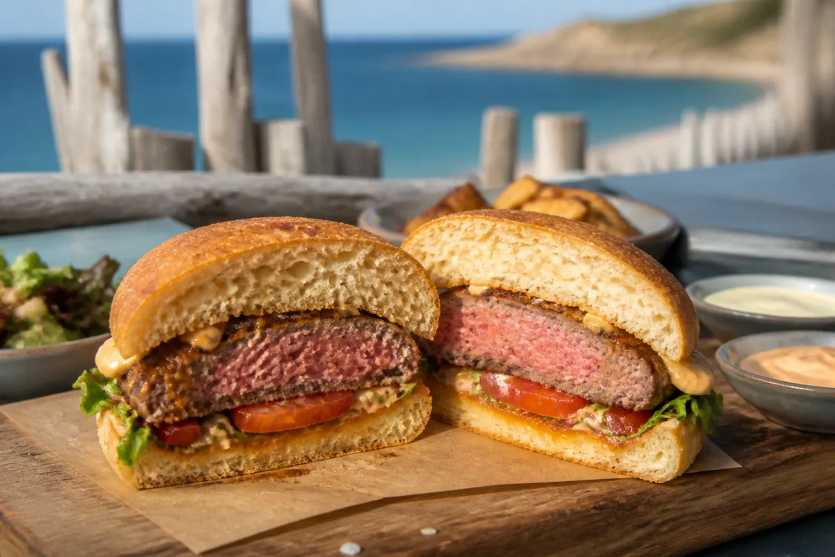 Burger maison coupé en deux montrant un steak épais rosé et un pain toasté