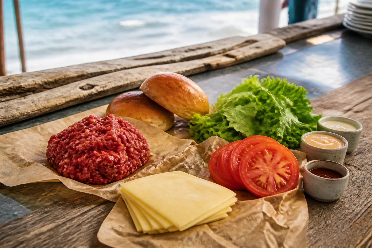 Ingrédients d&rsquo;un burger maison disposés séparément : viande hachée, buns, fromage, salade et sauces