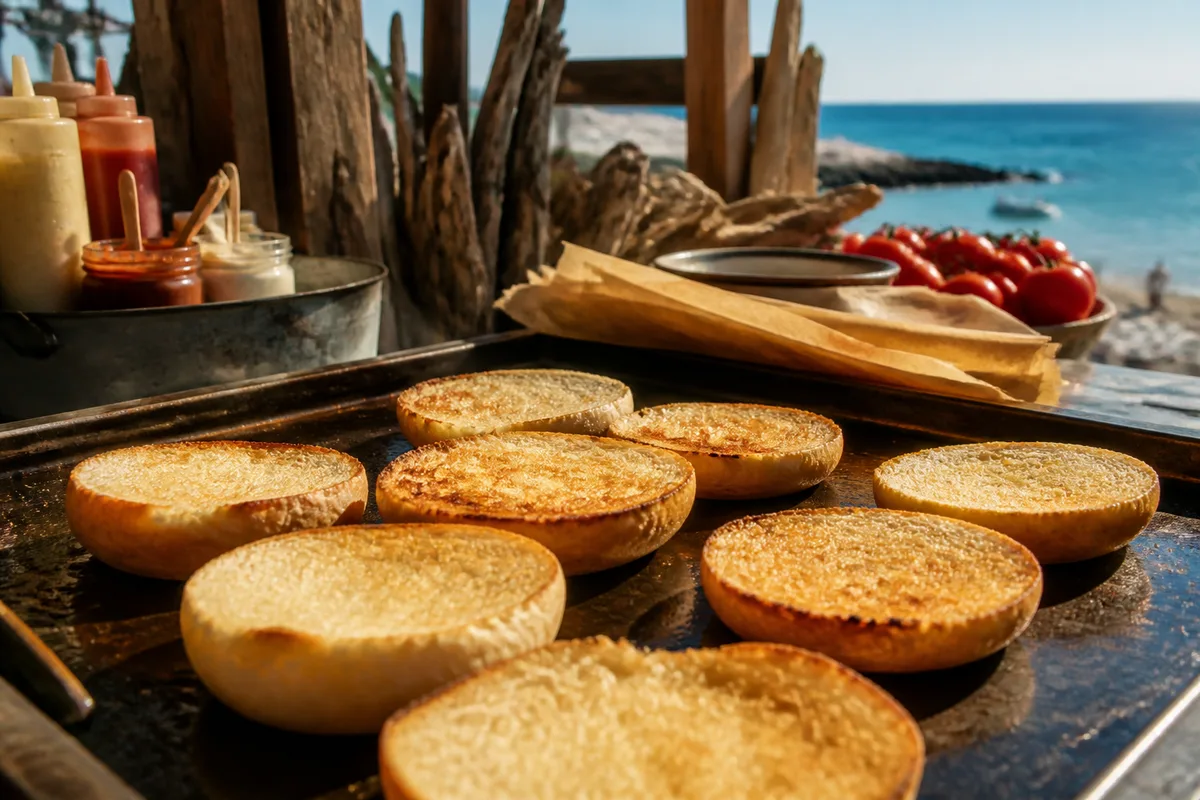 Buns dorés coupés en deux et toastés côté mie sur une plaque chaude