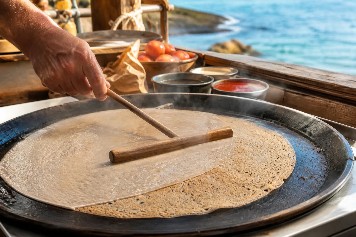 Galette de sarrasin en cours de cuisson sur une plaque ronde, étalée au râteau en bois