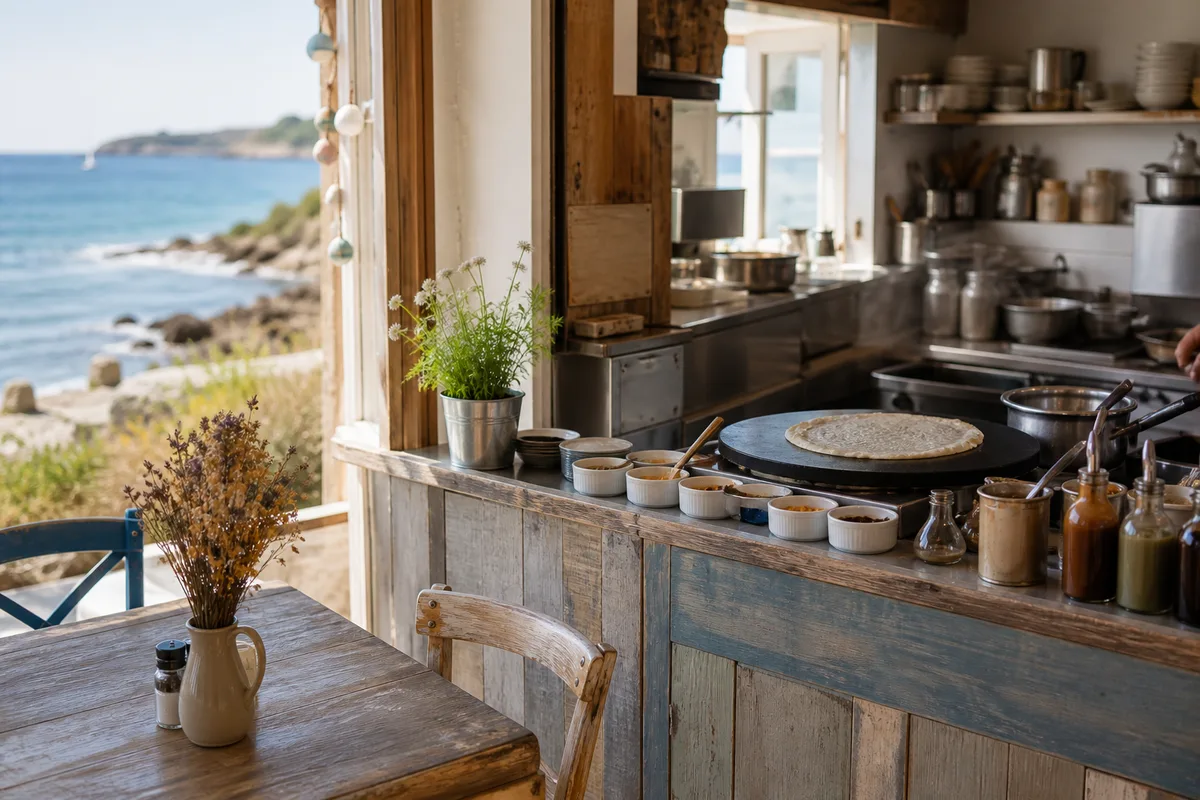 Salle d’une crêperie avec vue sur la plaque de cuisson et le poste de travail