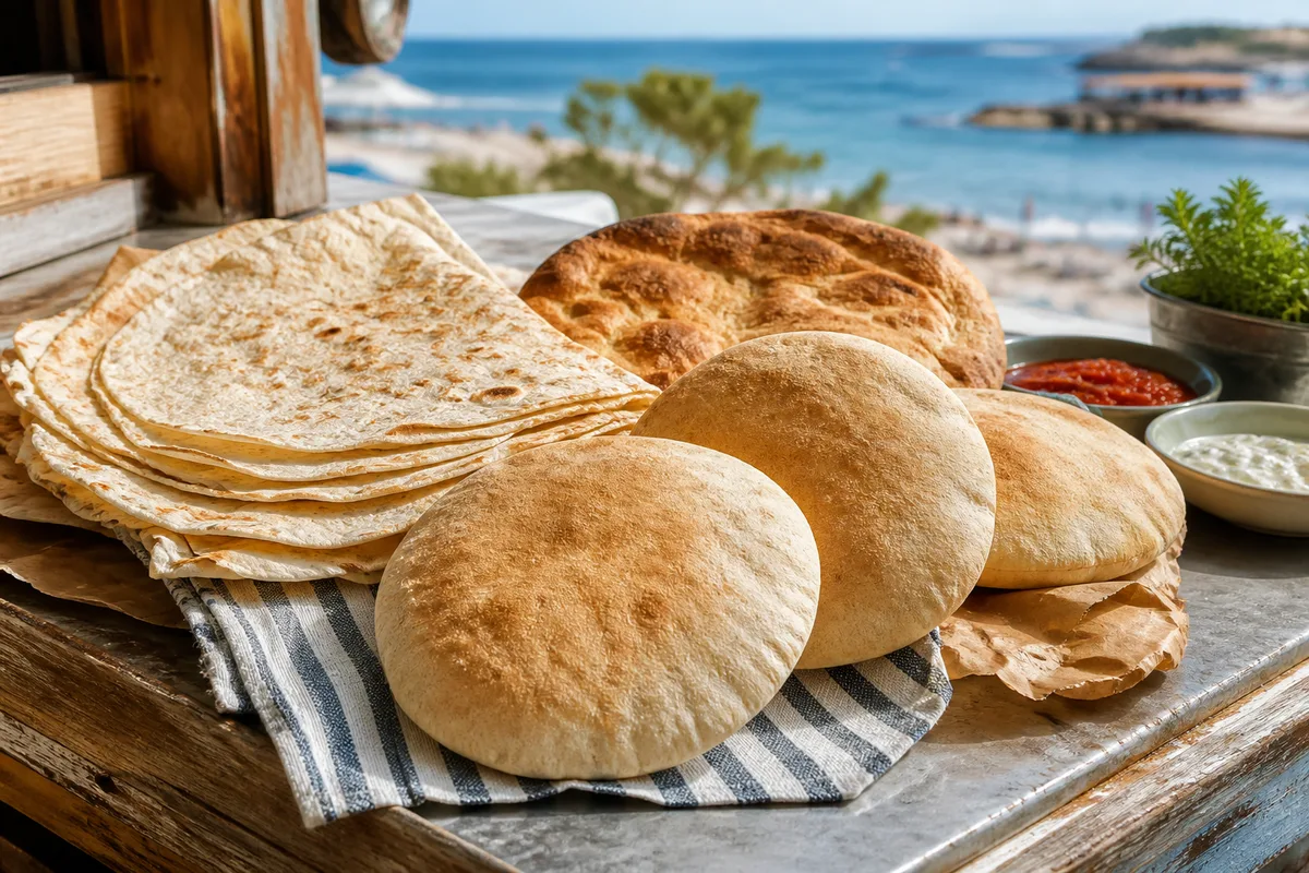 Pains à kebab variés posés sur un torchon : galettes fines, pains pita et pain plat levé