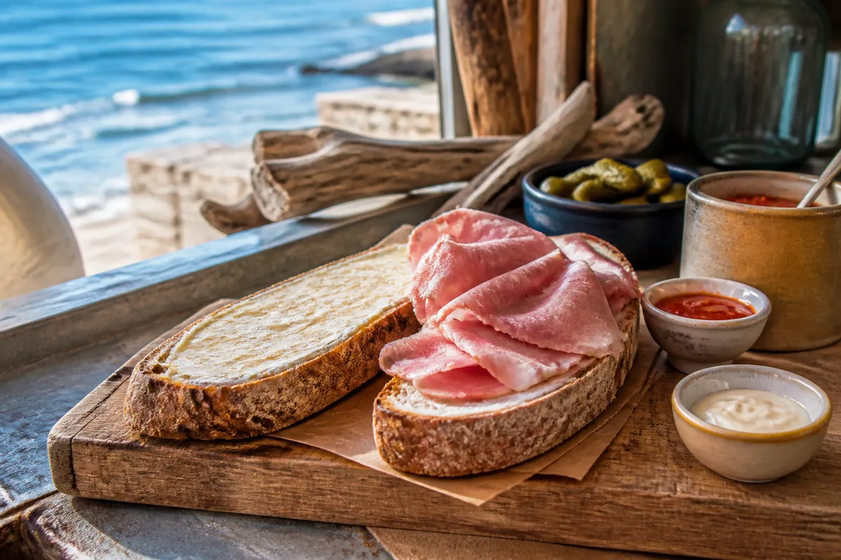 Un casse-croûte au pain de campagne ouvert sur une planche en bois, garni de jambon et de beurre