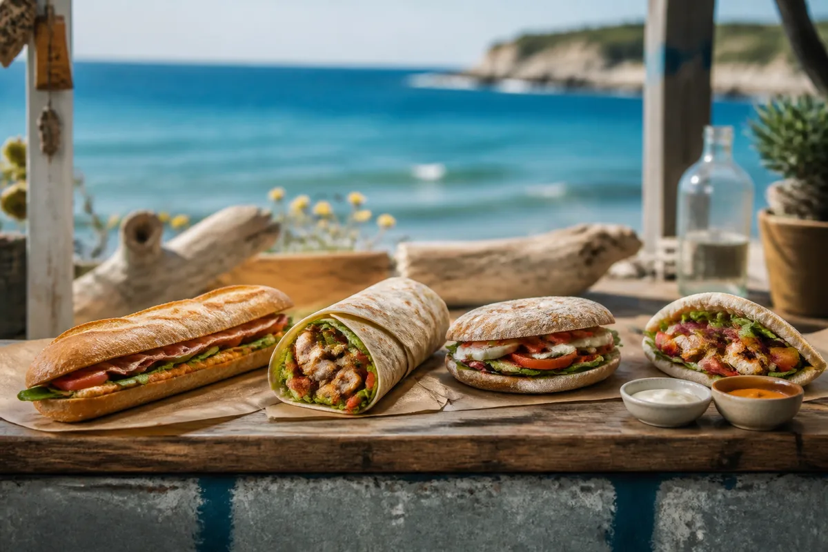 Plusieurs formats de casse-croûte alignés : baguette garnie, wrap roulé, pain suédois et pain pita