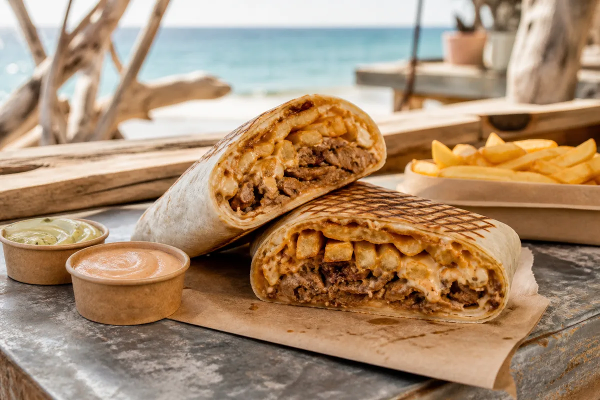 Un tacos français plié en portefeuille, coupé en deux, laissant voir viande, frites et sauce fromagère