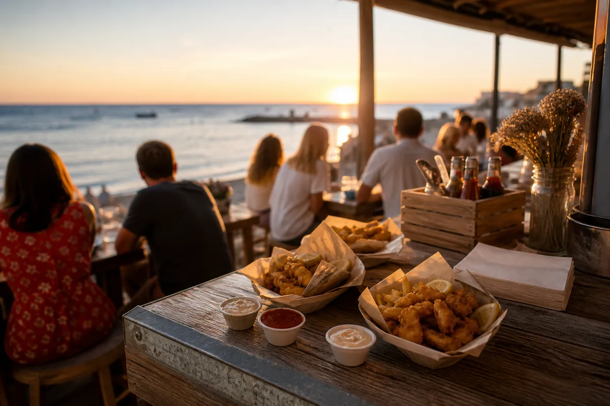 Terrasse de bord de mer en fin de journée avec des clients mangeant un repas rapide