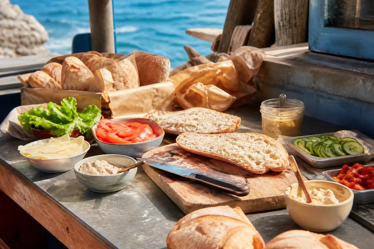 Plan de travail avec pains, planche, couteau et ingrédients préparés pour monter des sandwichs