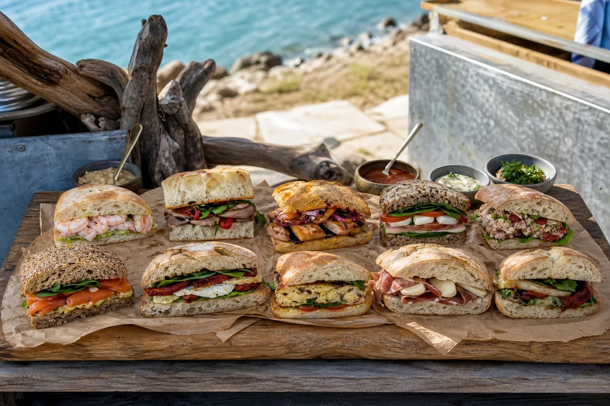 Dix sandwichs variés disposés sur une grande planche, coupés en deux pour montrer les garnitures